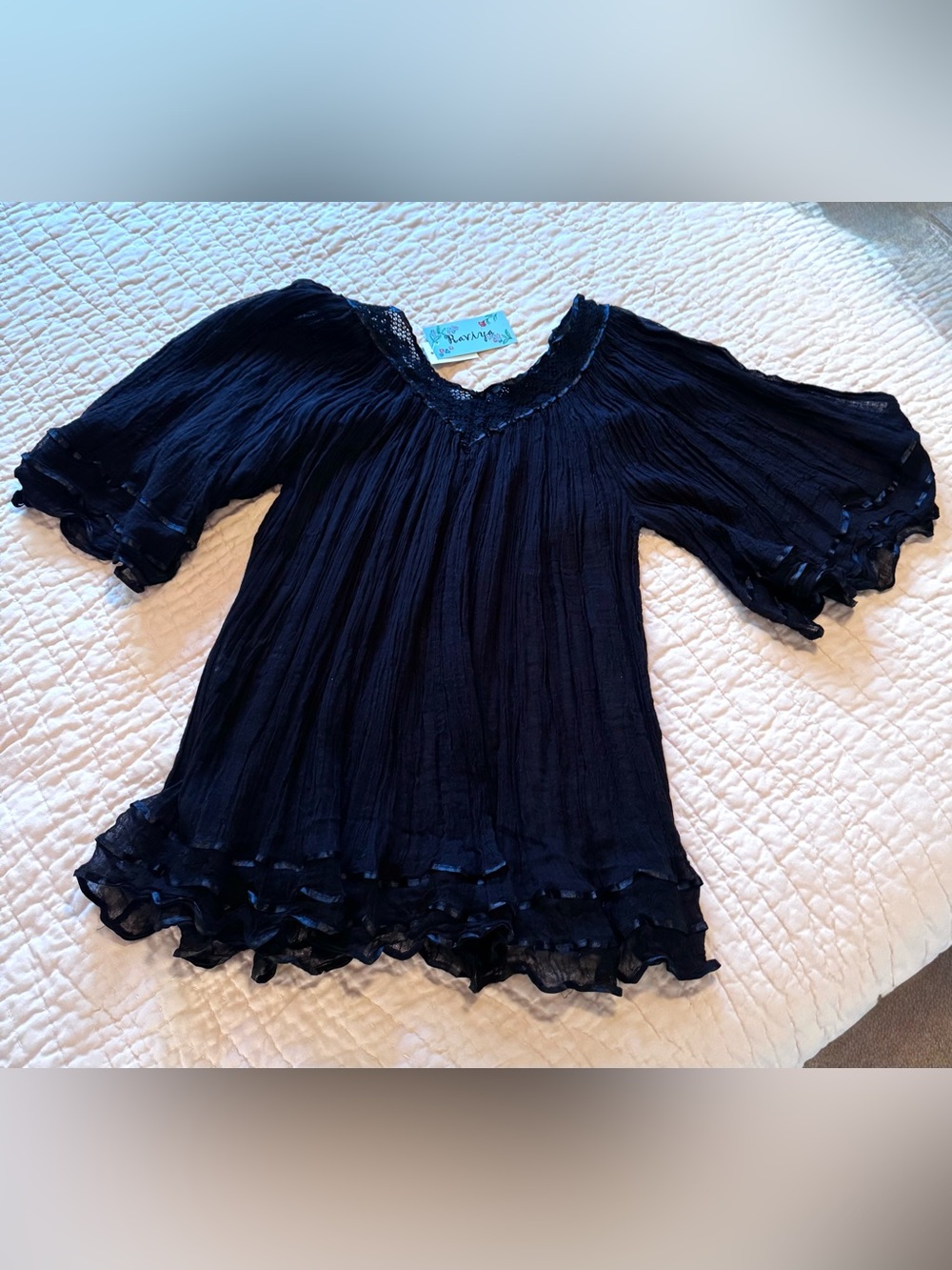 Raviya Black Women's Boho Peasant Top Swim Coverup Lace Trim Angel Sleeves - M